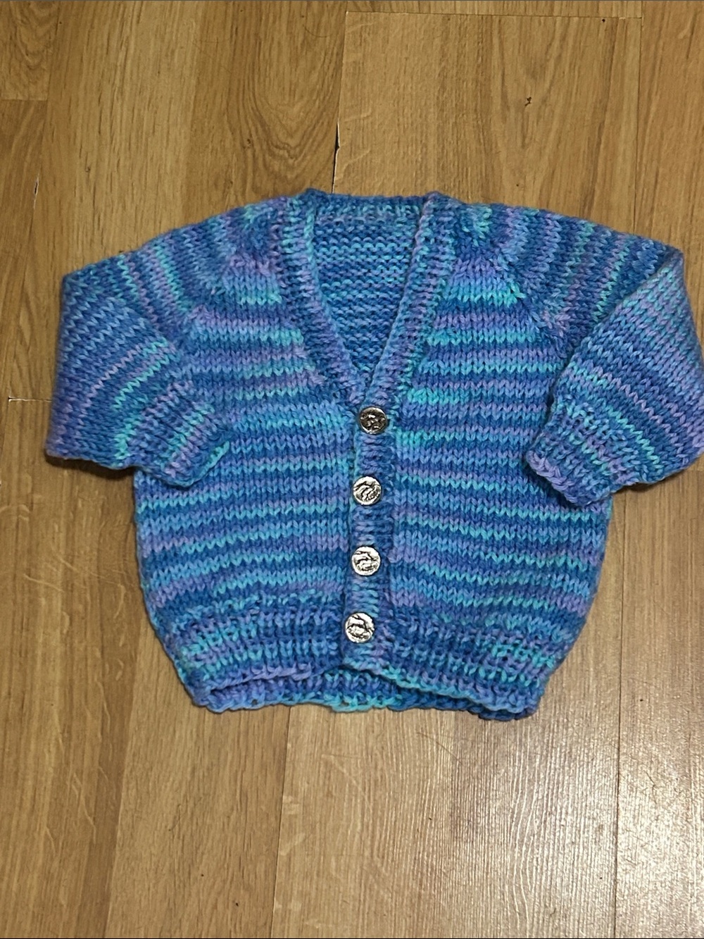 Vintage Pastel Blue Handmade Knit Baby Cardigan Approximately 12-18 Months